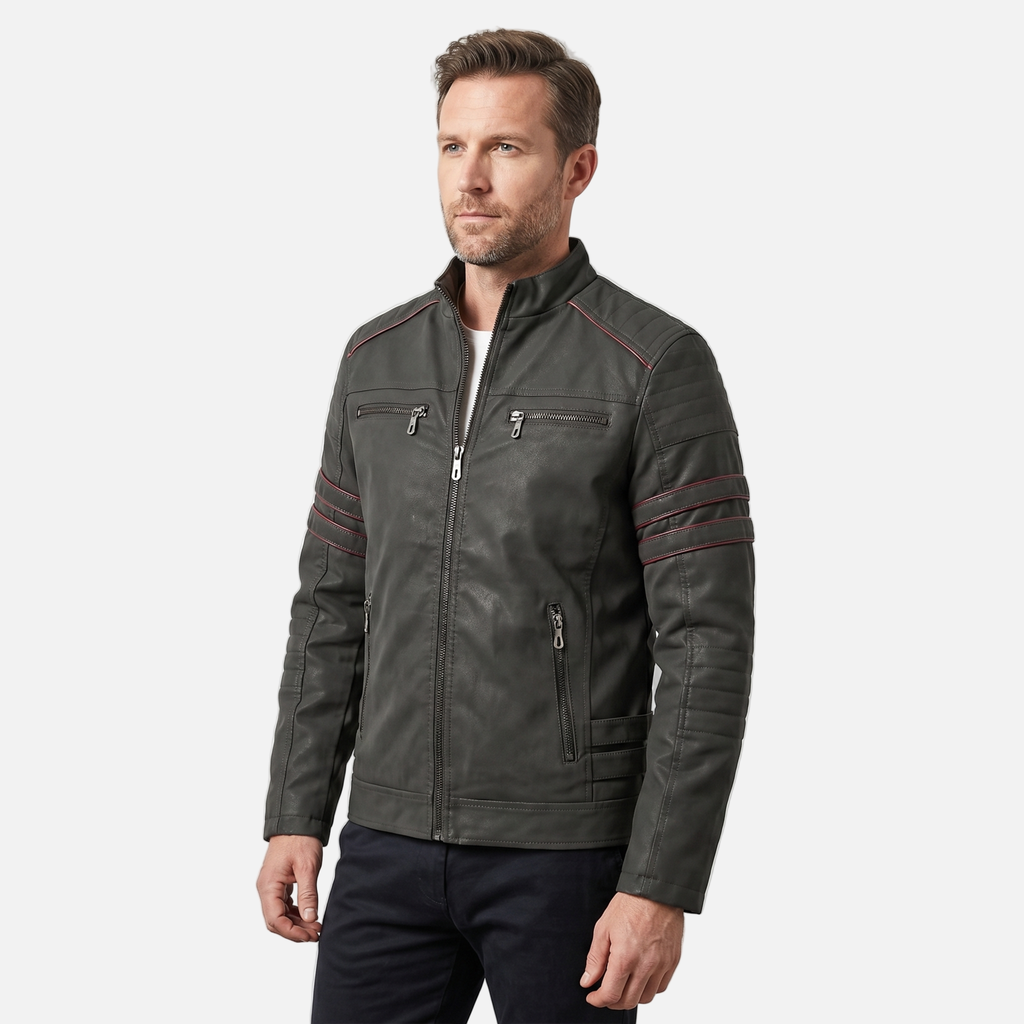 Men's Textured Biker Jacket with Stand Collar
