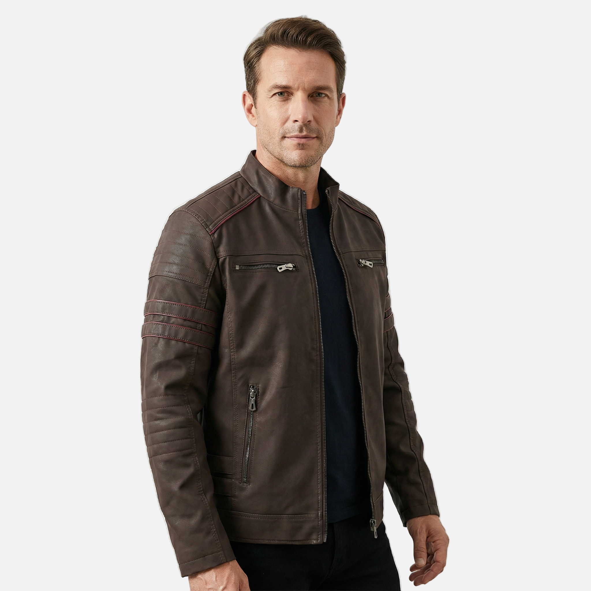 Men's Textured Biker Jacket with Stand Collar