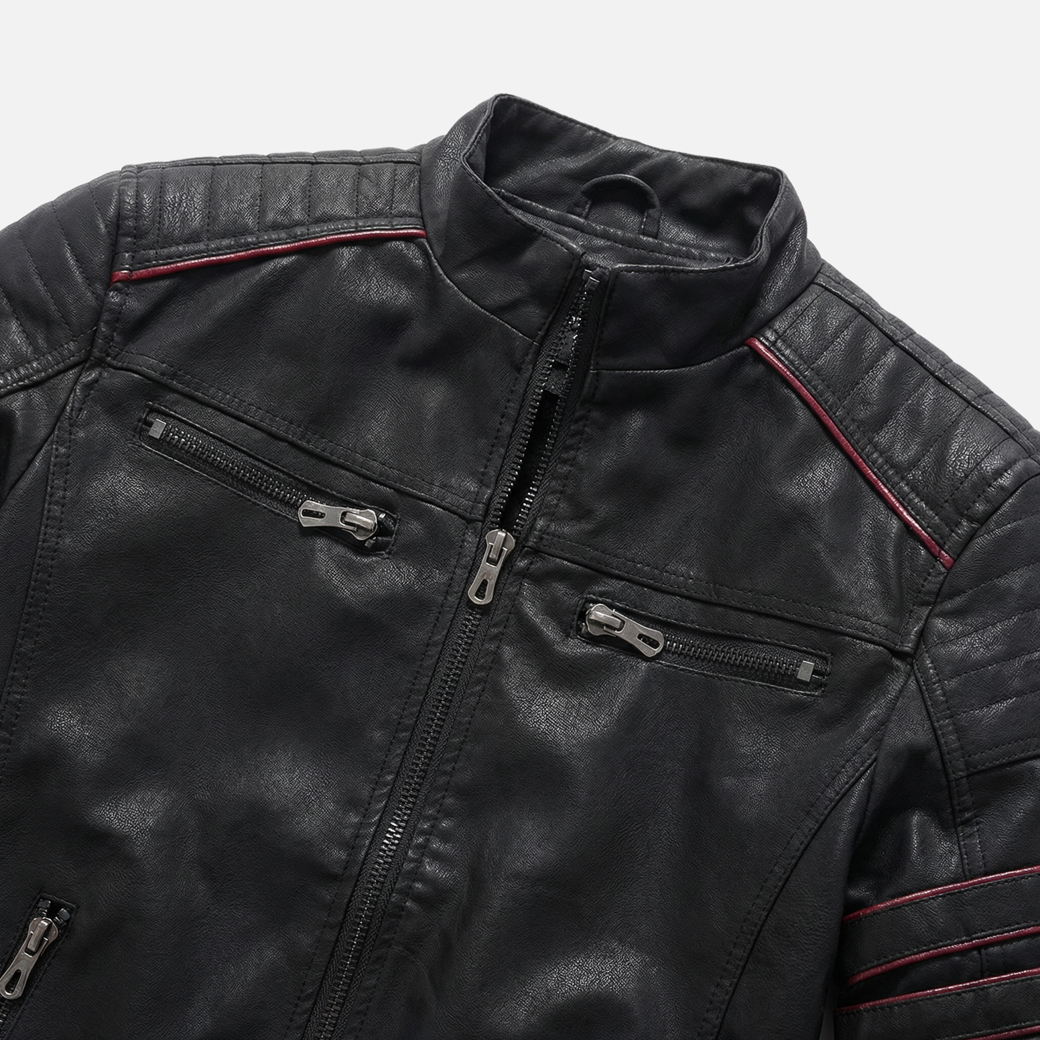 Men's Textured Biker Jacket with Stand Collar
