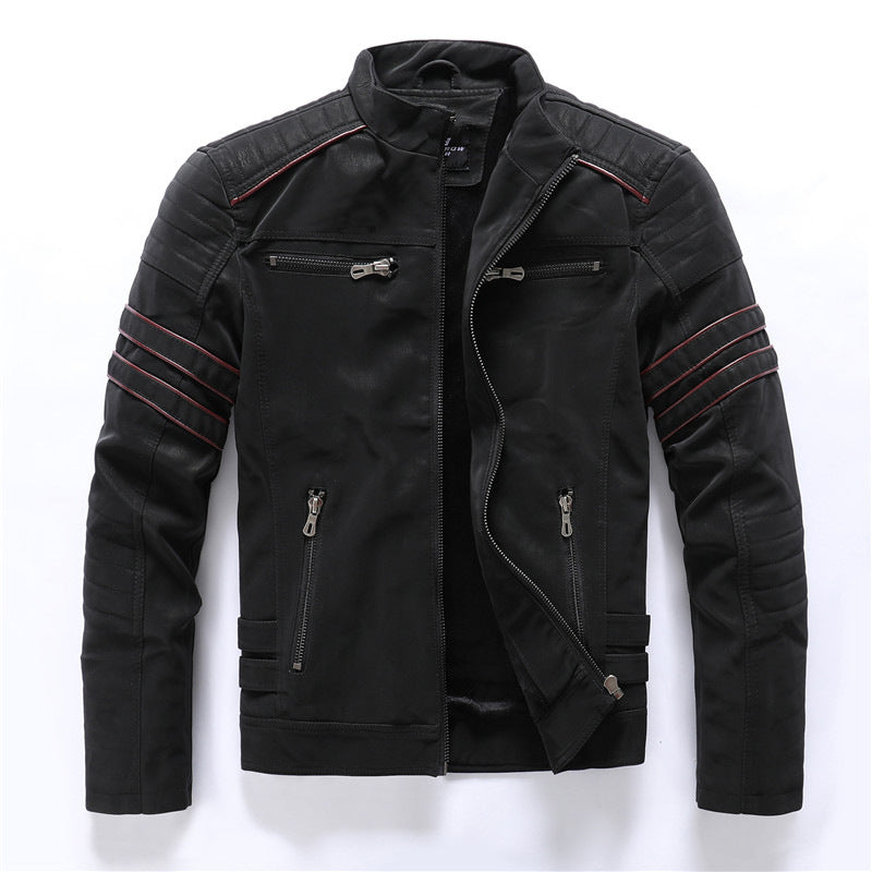 Men's Textured Biker Jacket with Stand Collar