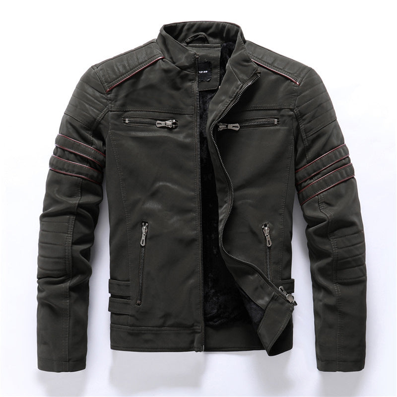 Men's Textured Biker Jacket with Stand Collar