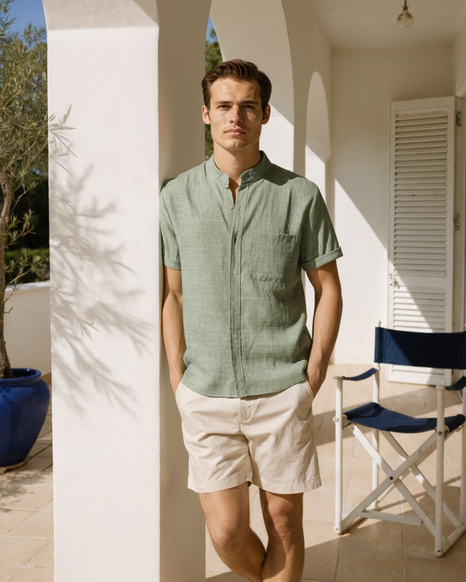 Men's Sage Green Textured Shirt with Mandarin Collar