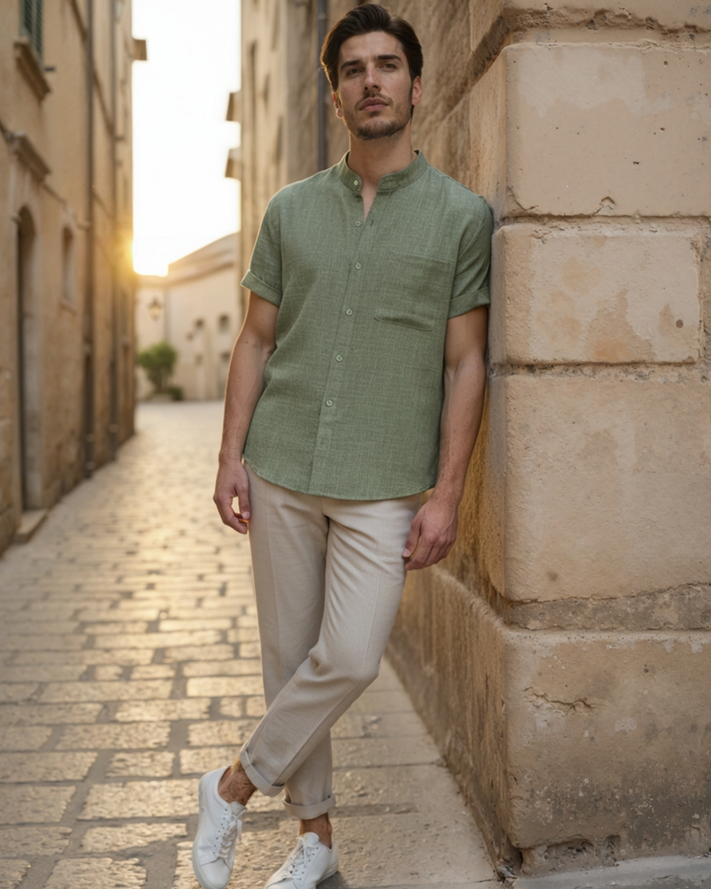 Men's Sage Green Textured Shirt with Mandarin Collar