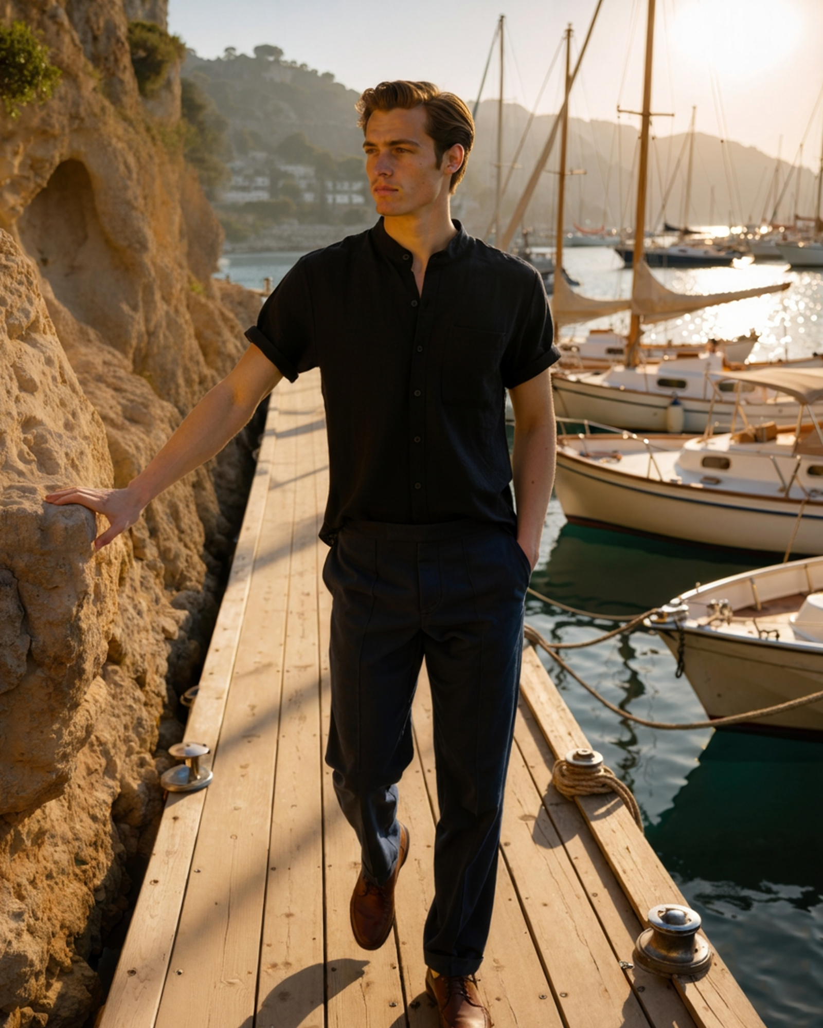 Men's Sage Green Textured Shirt with Mandarin Collar