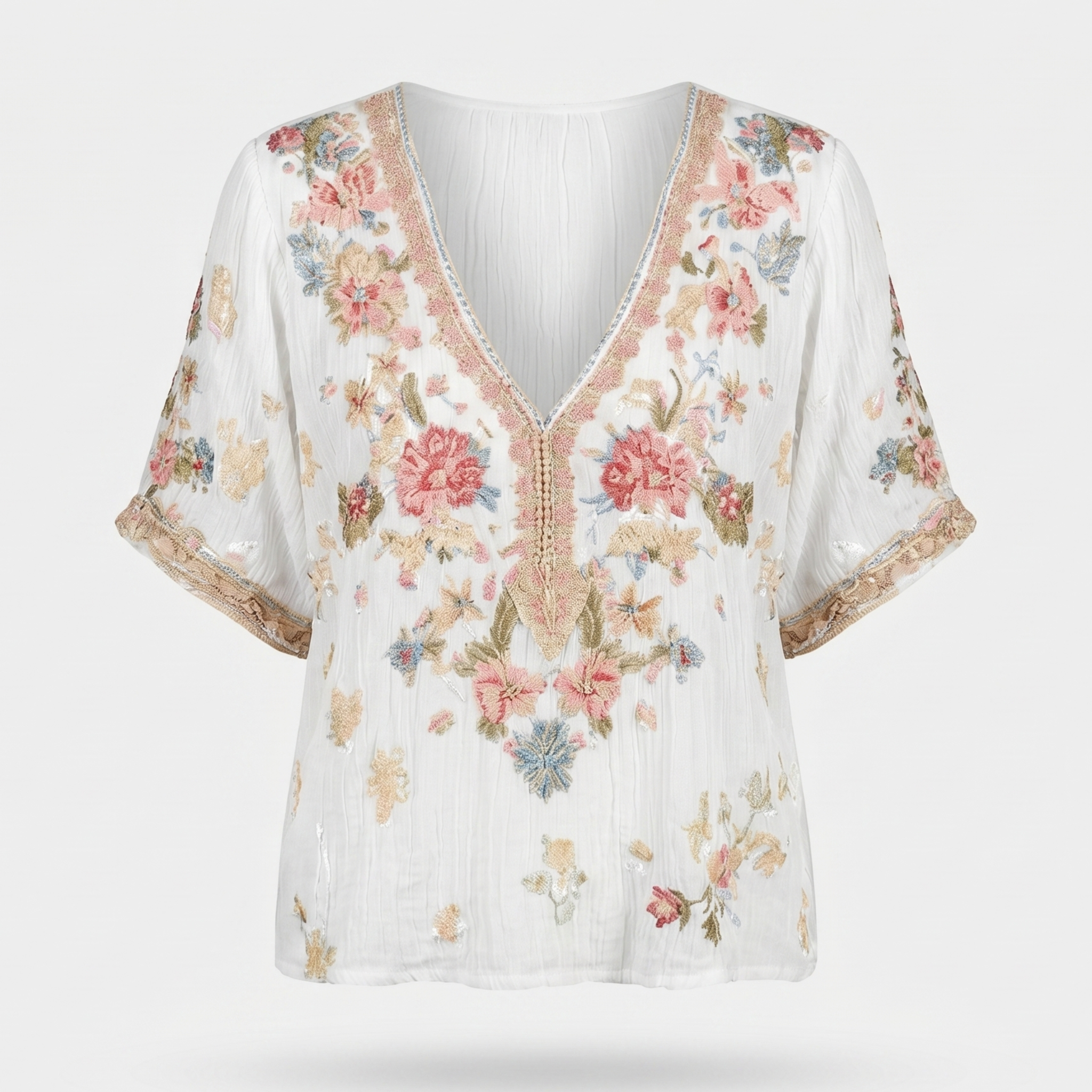 Women's Textured V-Neck Top with Embroidery and Sequins
