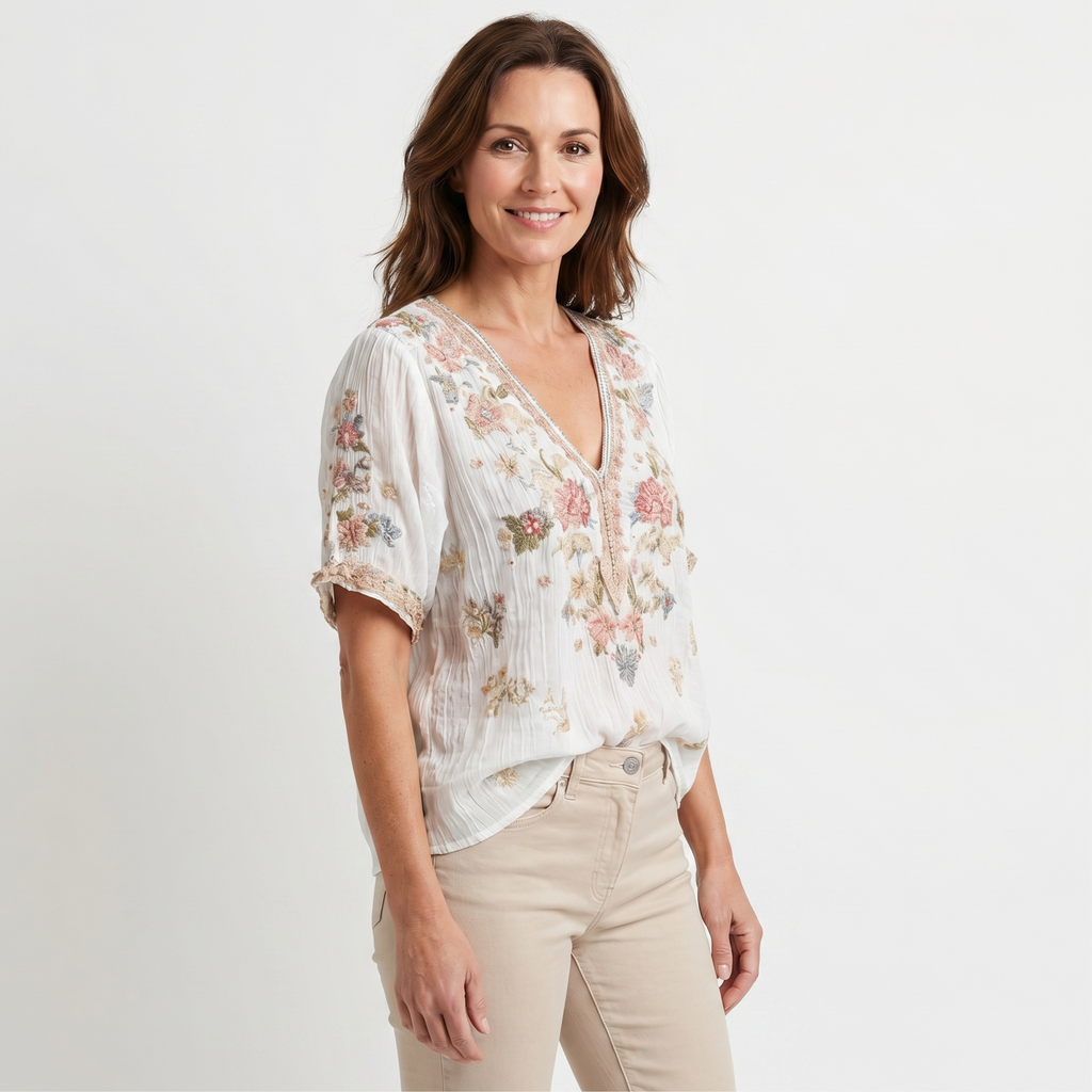Women's Textured V-Neck Top with Embroidery and Sequins
