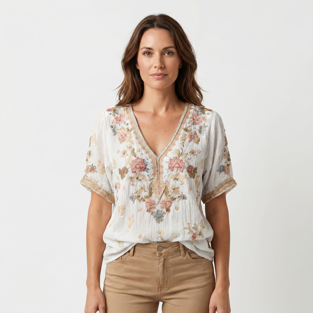 Women's Textured V-Neck Top with Embroidery and Sequins