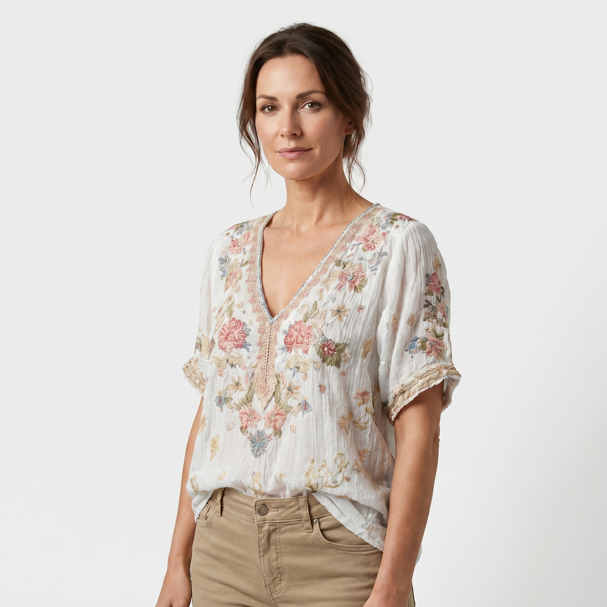 Women's Textured V-Neck Top with Embroidery and Sequins