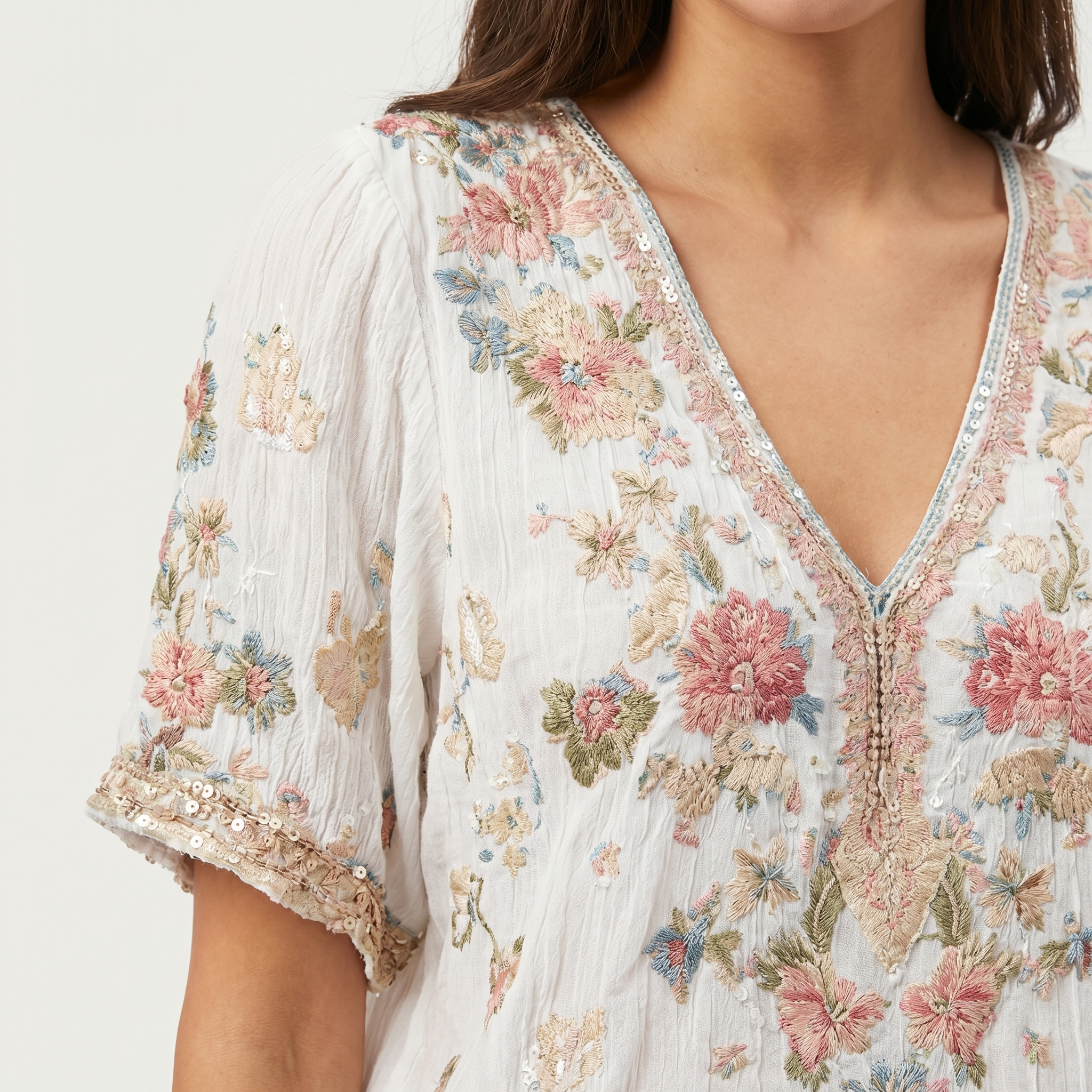 Women's Textured V-Neck Top with Embroidery and Sequins