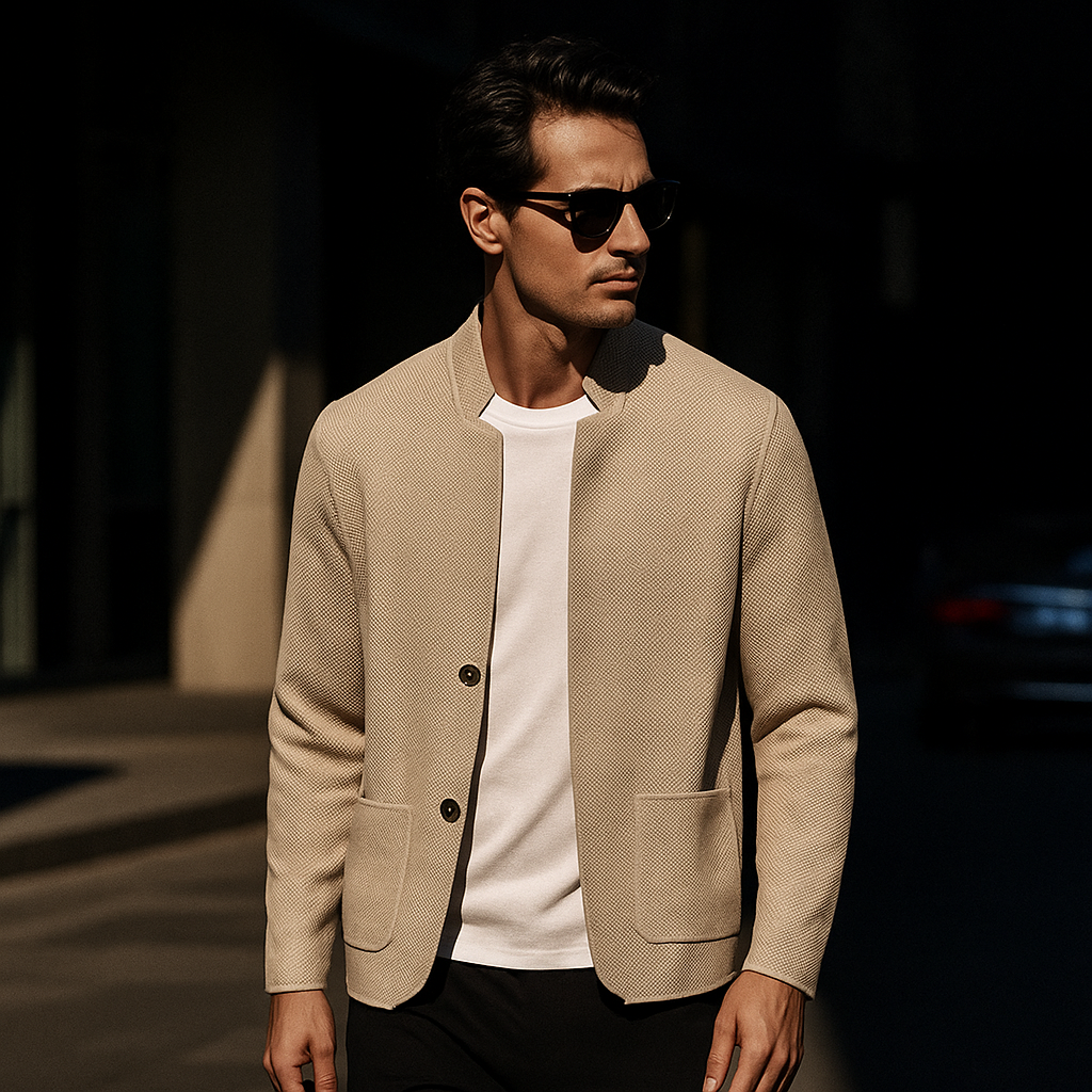Men's Textured Knit Cardigan with Stand Collar and Patch Pockets