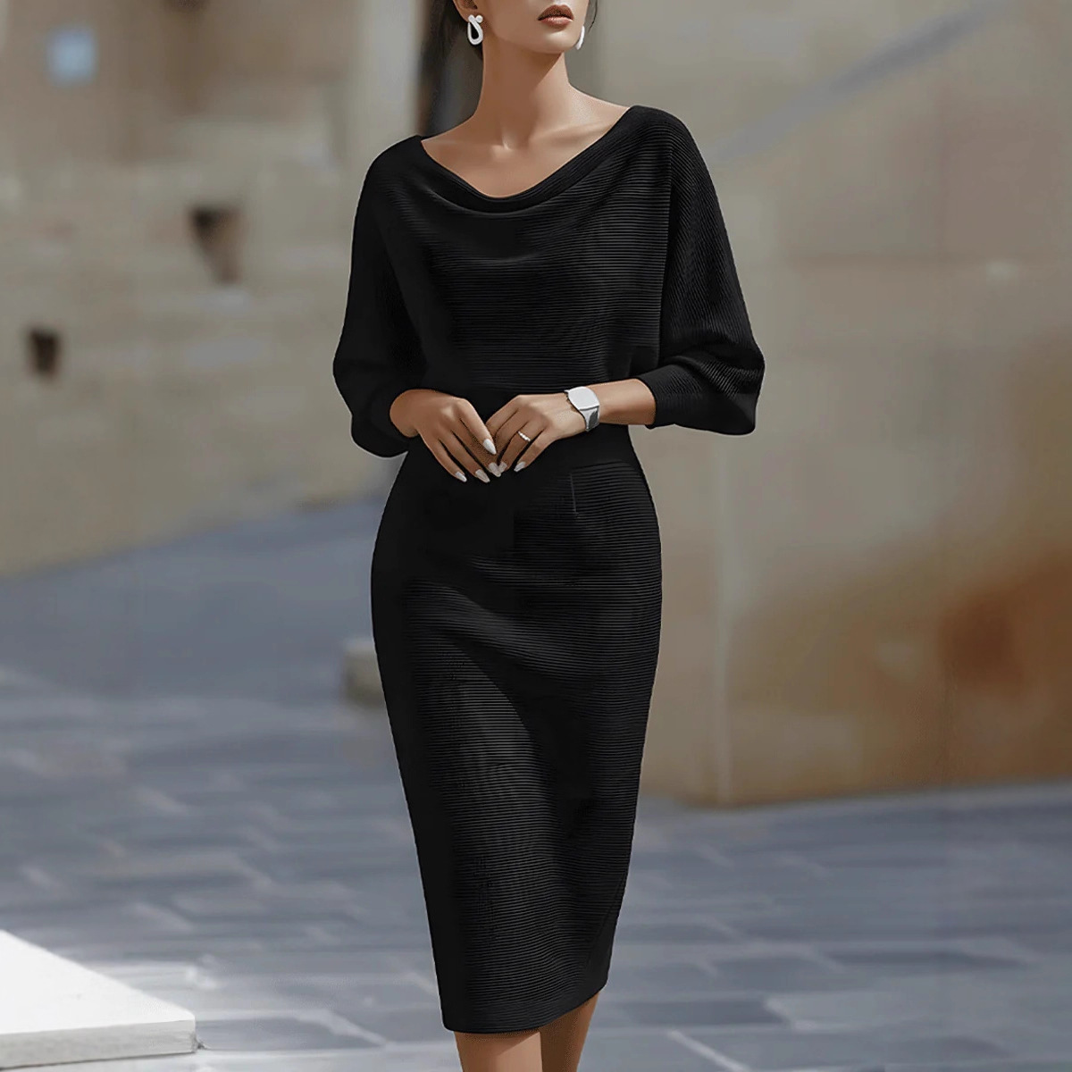 Women's Textured Knit Midi Dress with Batwing Sleeves