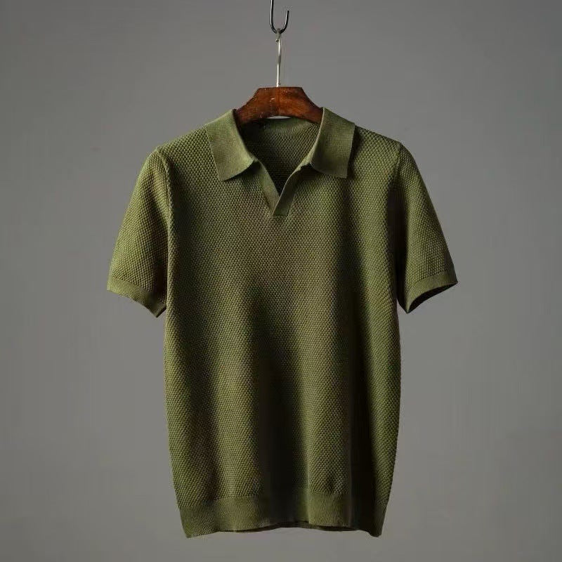 Men's Textured Knit Polo Shirt with Spread Collar and V-Neck
