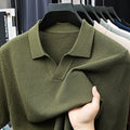 Men's Textured Knit Polo Shirt with Spread Collar and V-Neck