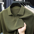 Men's Textured Knit Polo Shirt with Spread Collar and V-Neck