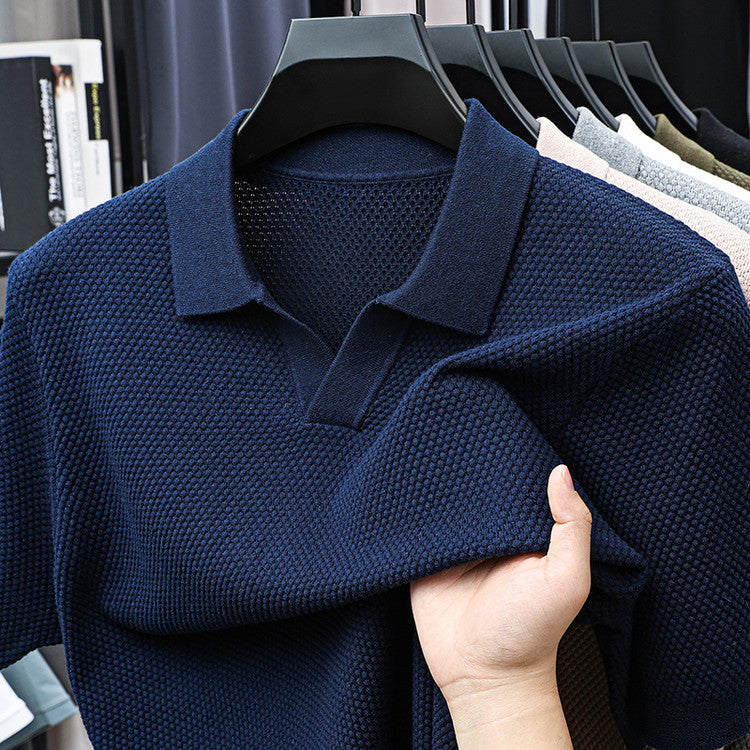 Men's Textured Knit Polo Shirt with Spread Collar and V-Neck