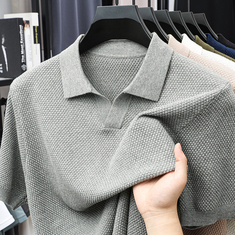 Men's Textured Knit Polo Shirt with Spread Collar and V-Neck