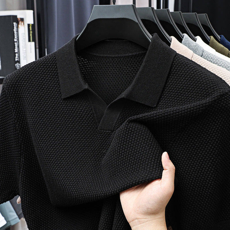 Men's Textured Knit Polo Shirt with Spread Collar and V-Neck