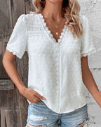 Women's Swiss Dot Summer Blouse with V-Neck