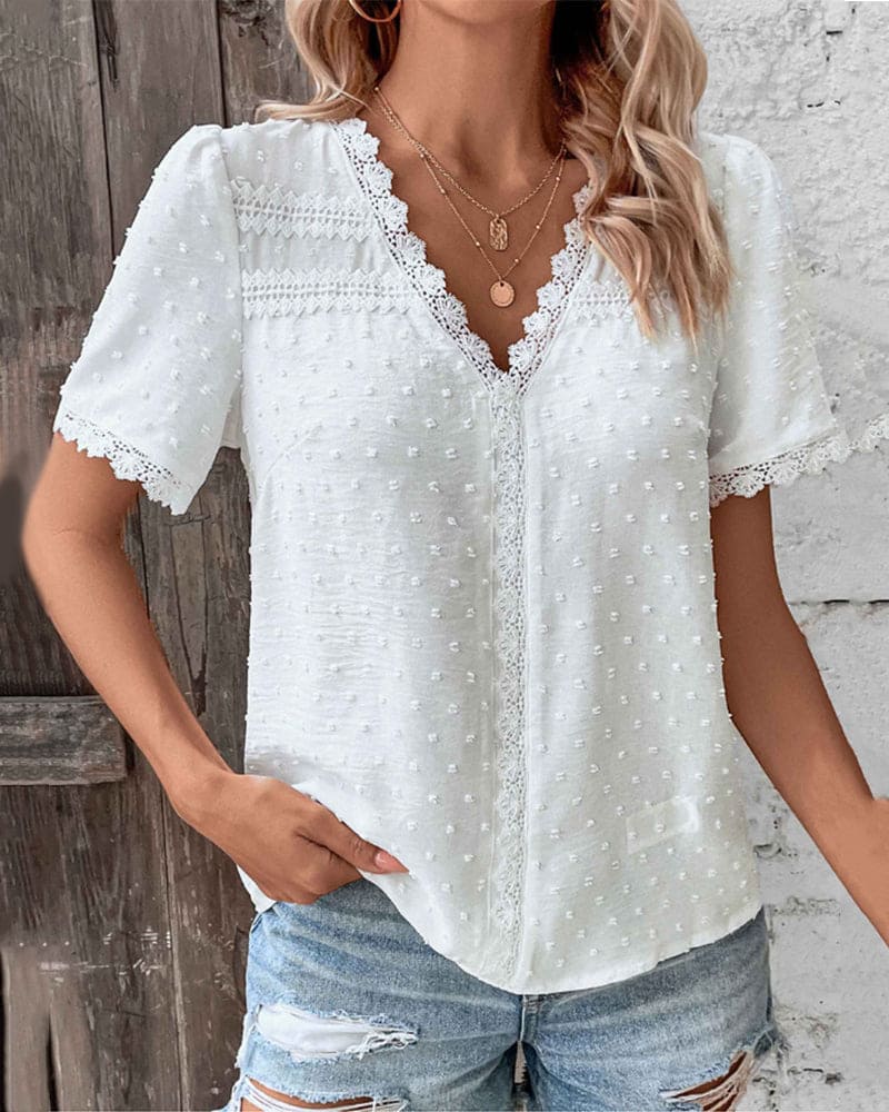 Women's Swiss Dot Summer Blouse with V-Neck