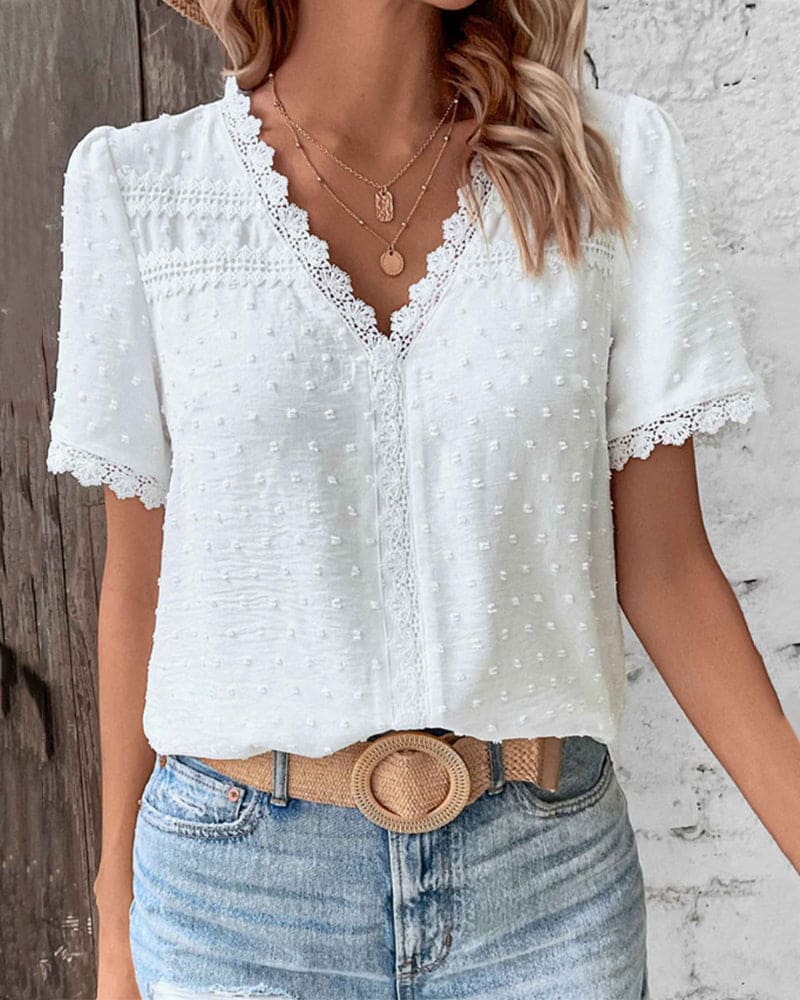 Women's Swiss Dot Summer Blouse with V-Neck