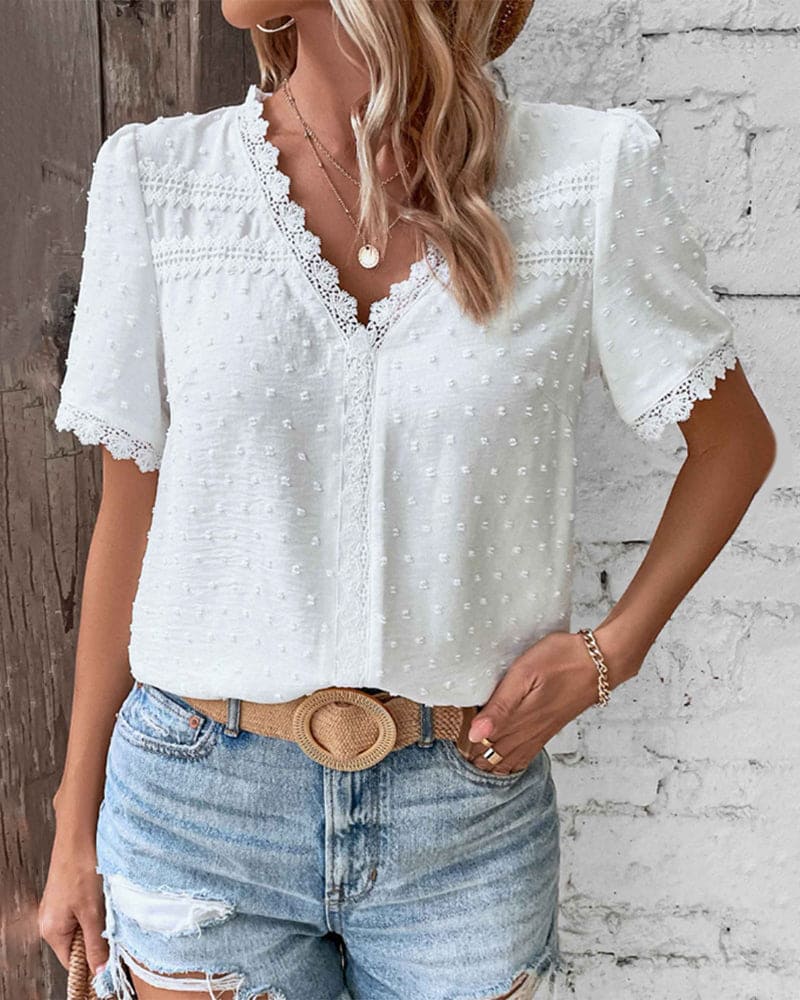 Women's Swiss Dot Summer Blouse with V-Neck