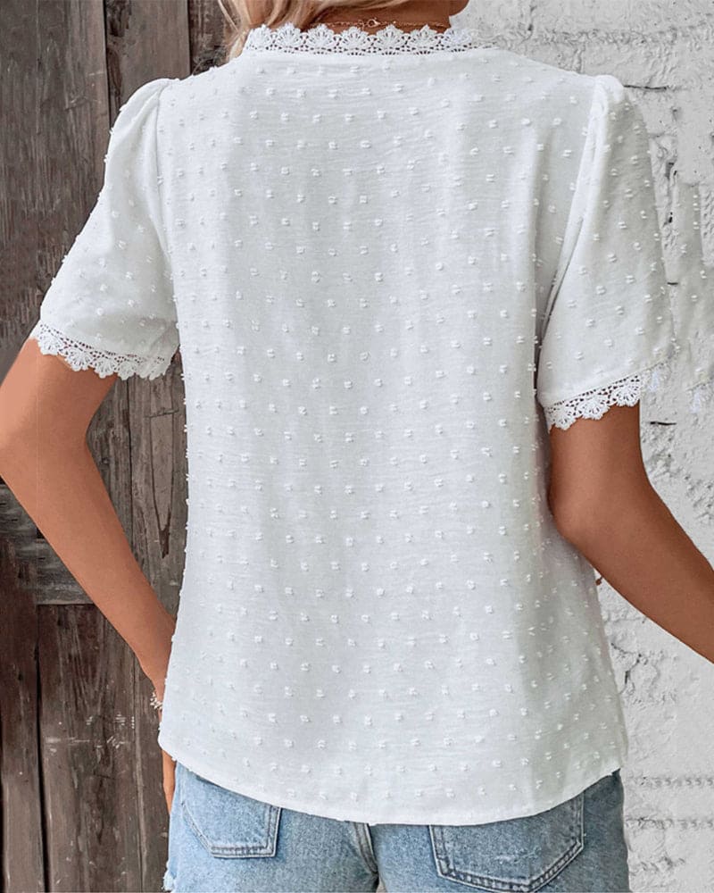 Women's Swiss Dot Summer Blouse with V-Neck