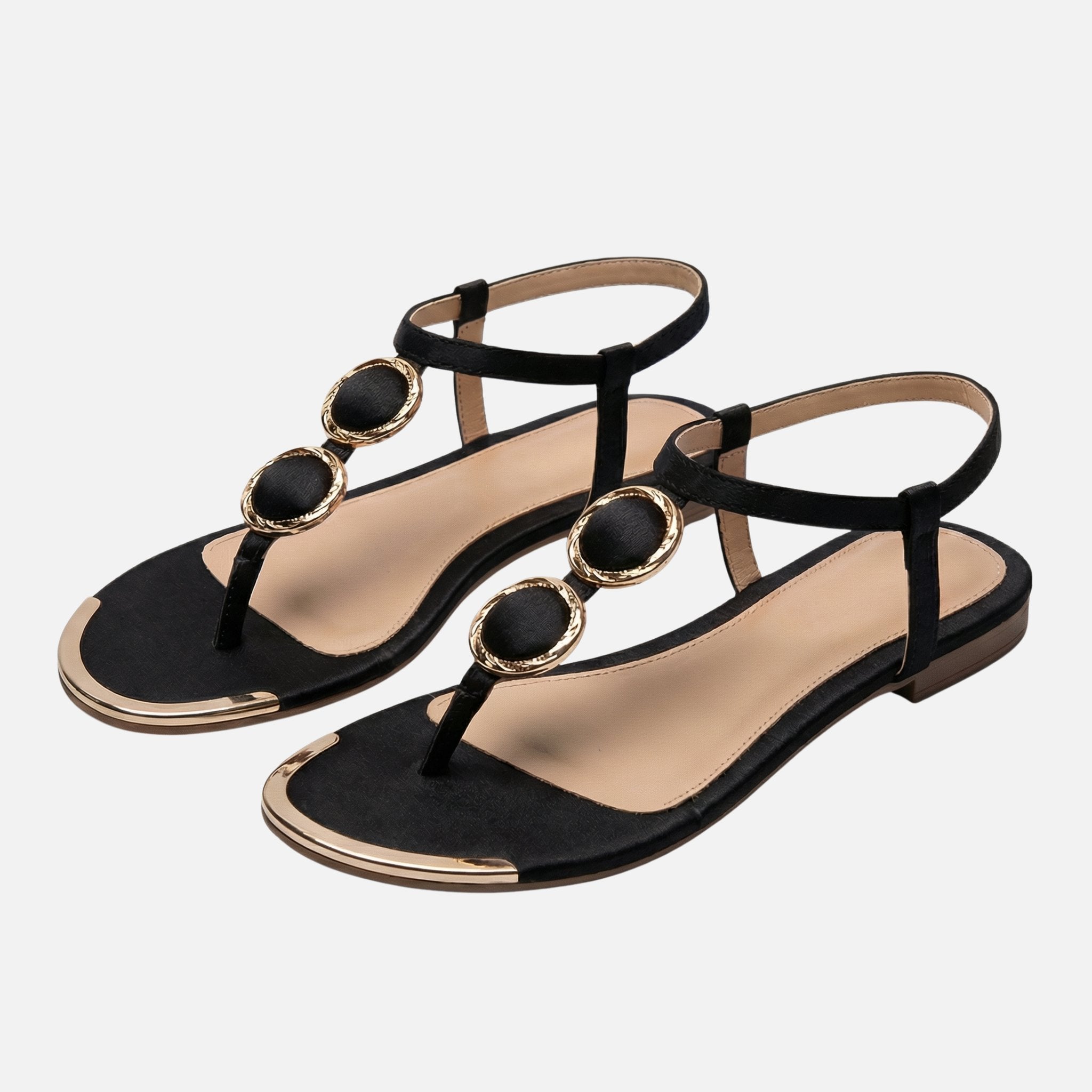 Women's T-Strap Flat Sandals with Gold Accents