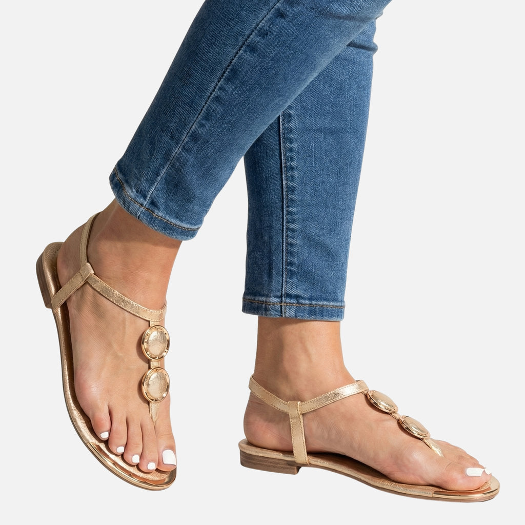 Women's T-Strap Flat Sandals with Gold Accents