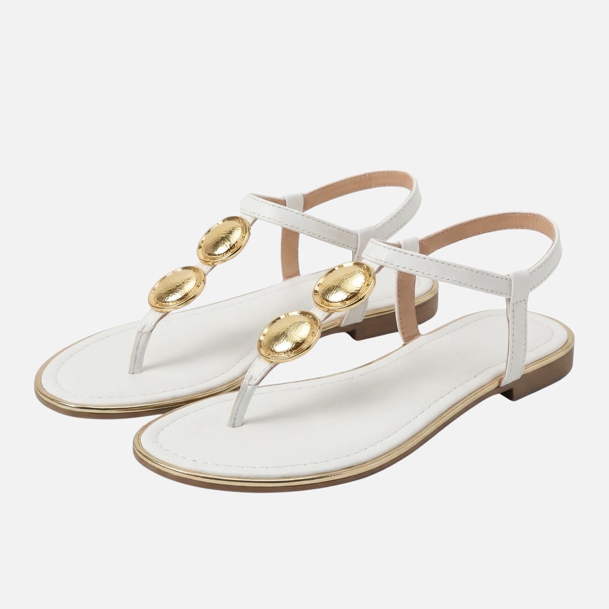 Women's T-Strap Flat Sandals with Gold Accents