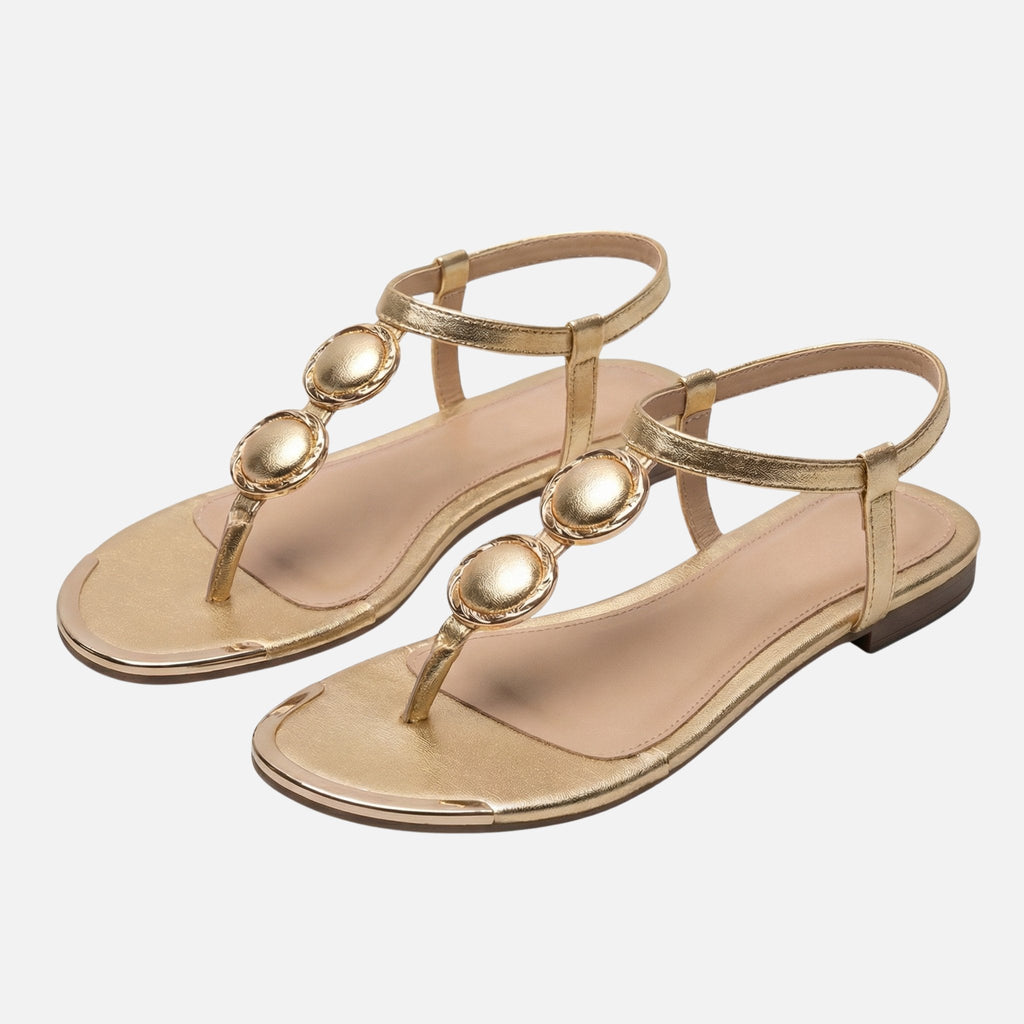 Women's T-Strap Flat Sandals with Gold Accents