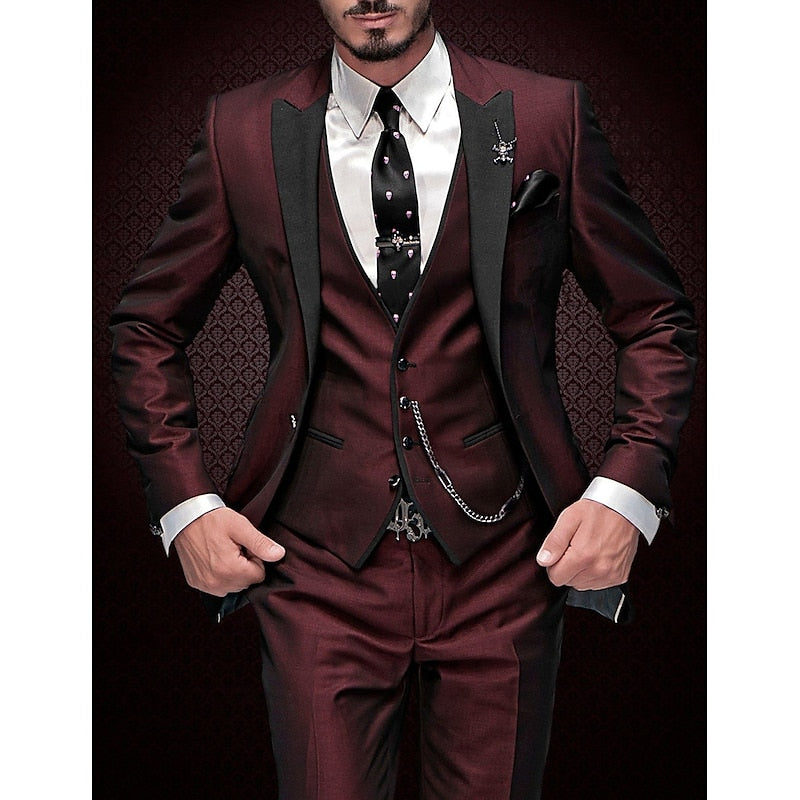 Men's Three-Piece Suit with Black Satin Peak Lapels