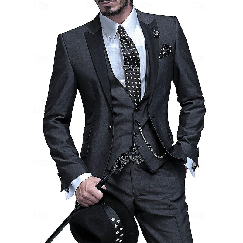 Men's Three-Piece Suit with Black Satin Peak Lapels