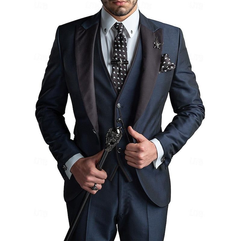 Men's Three-Piece Suit with Black Satin Peak Lapels