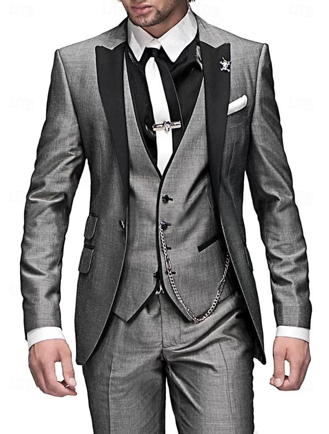 Men's Three-Piece Suit with Black Satin Peak Lapels