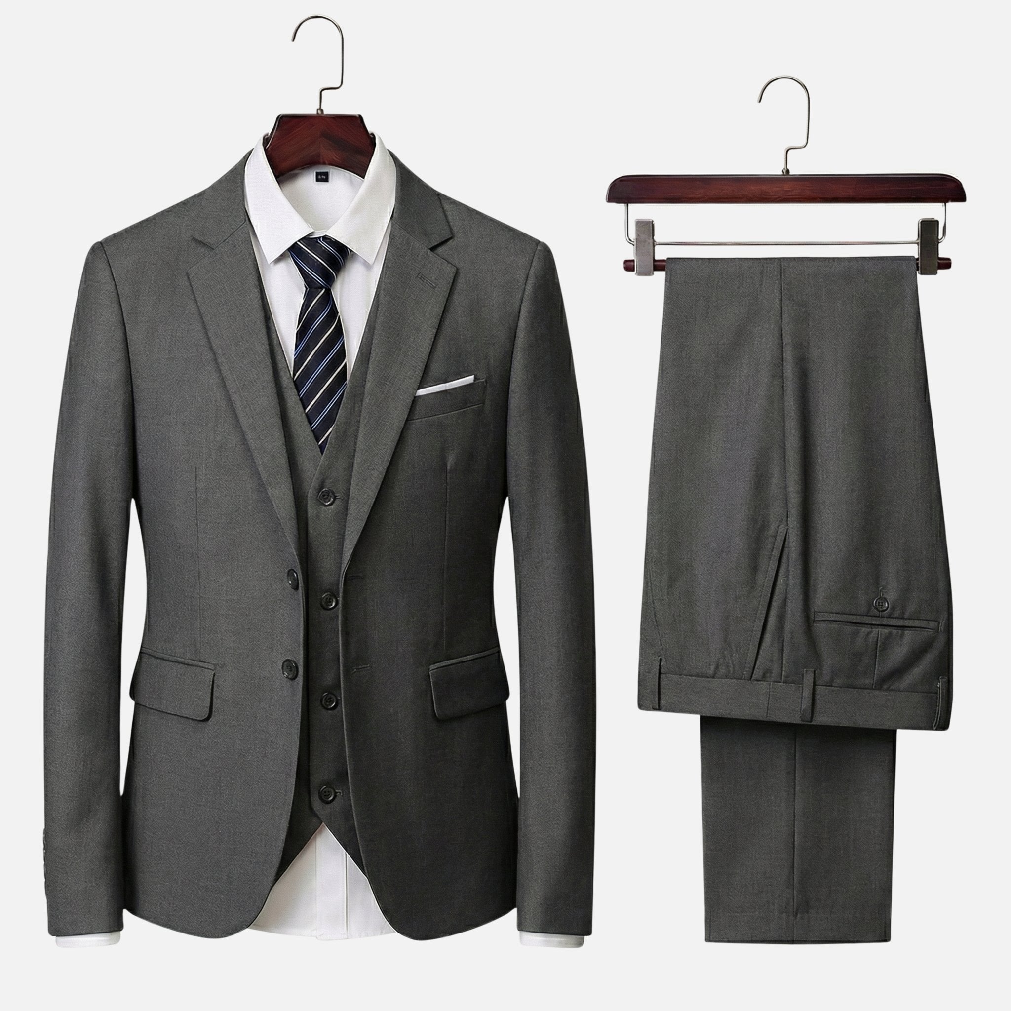 Men's Three-Piece Woven Suit with Notched Lapel