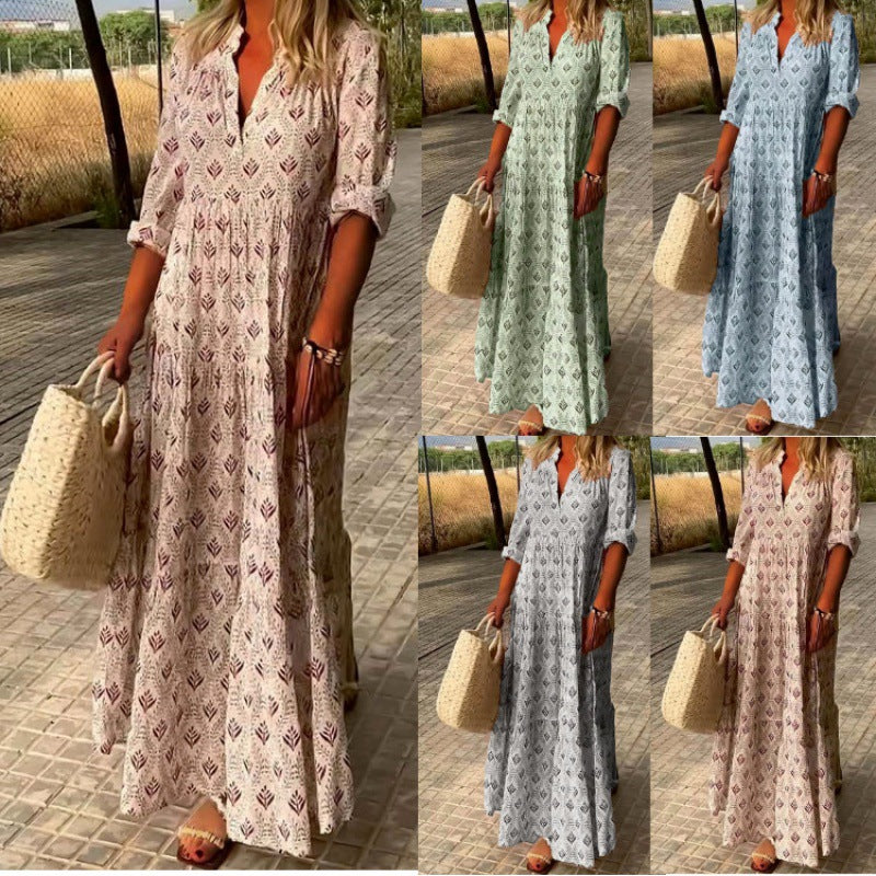 Women's Tiered Cotton Floral Maxi Dress with V-Neck