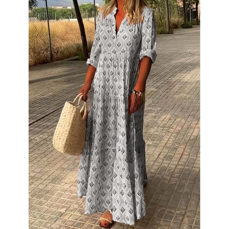 Women's Tiered Cotton Floral Maxi Dress with V-Neck