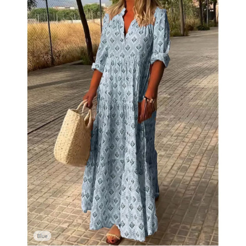 Women's Tiered Cotton Floral Maxi Dress with V-Neck