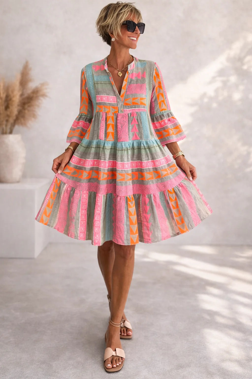 Women's Tiered Linen Mini Dress with V-Neck