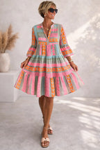 Women's Tiered Linen Mini Dress with V-Neck
