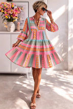 Women's Tiered Linen Mini Dress with V-Neck