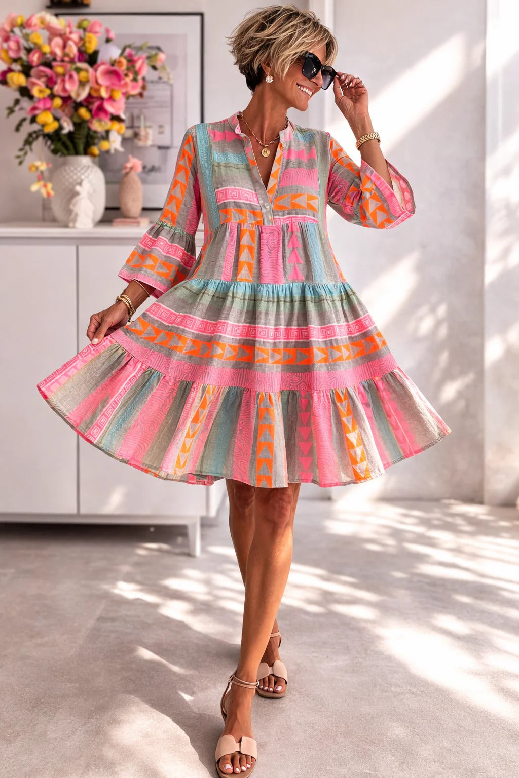 Women's Tiered Linen Mini Dress with V-Neck