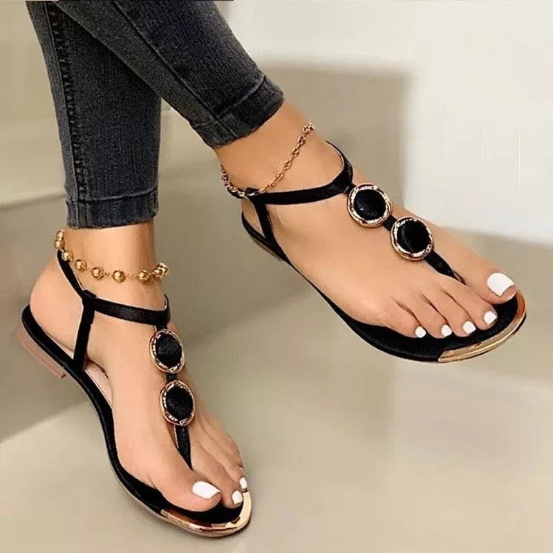 Women's T-Strap Flat Sandals with Gold Accents
