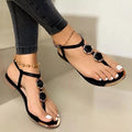 Women's T-Strap Flat Sandals with Gold Accents