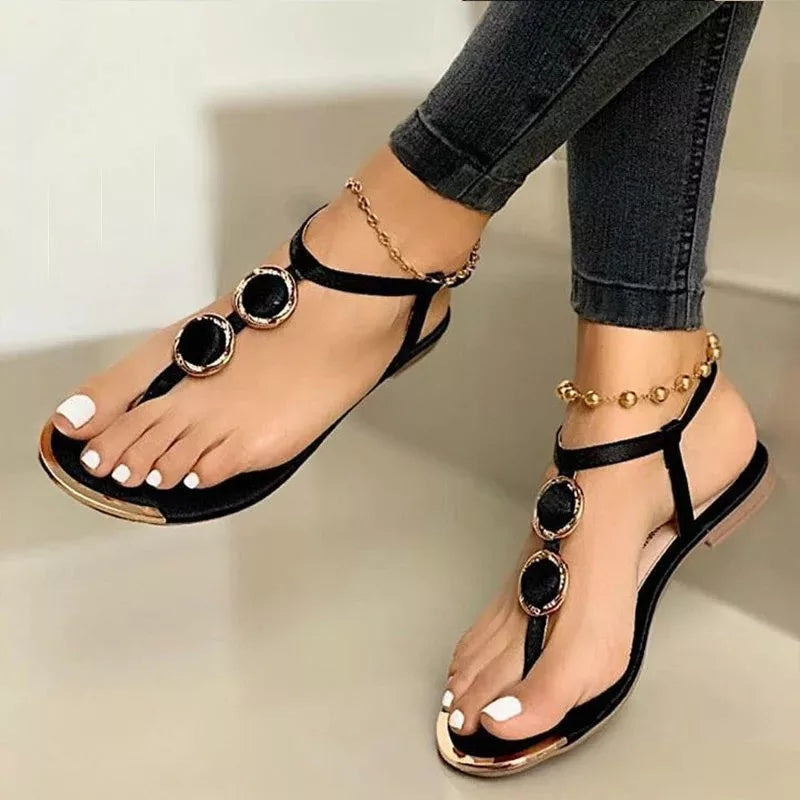 Women's T-Strap Flat Sandals with Gold Accents