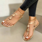 Women's T-Strap Flat Sandals with Gold Accents