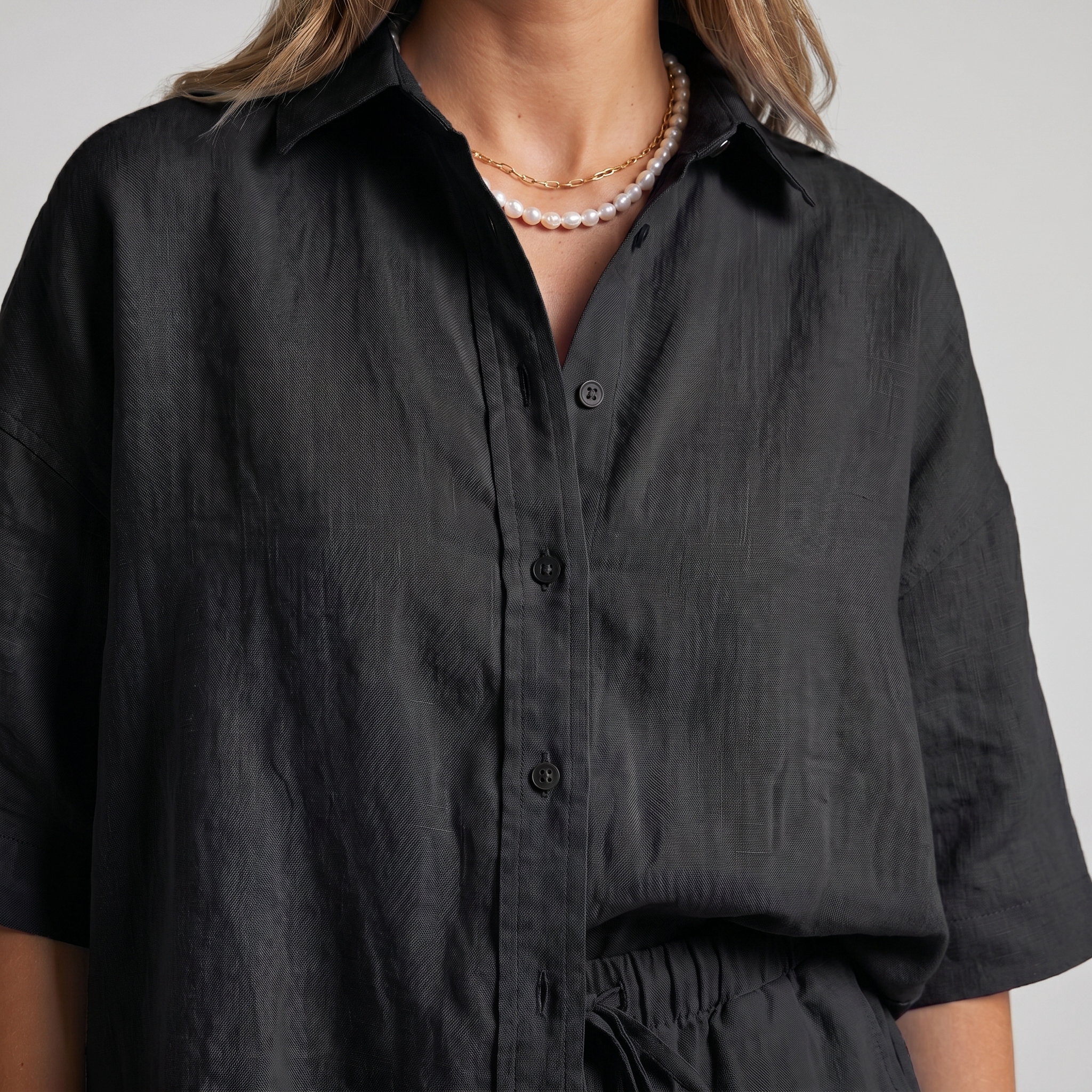 Women's Linen Lounge Set with Collared Shirt and Elasticated Shorts