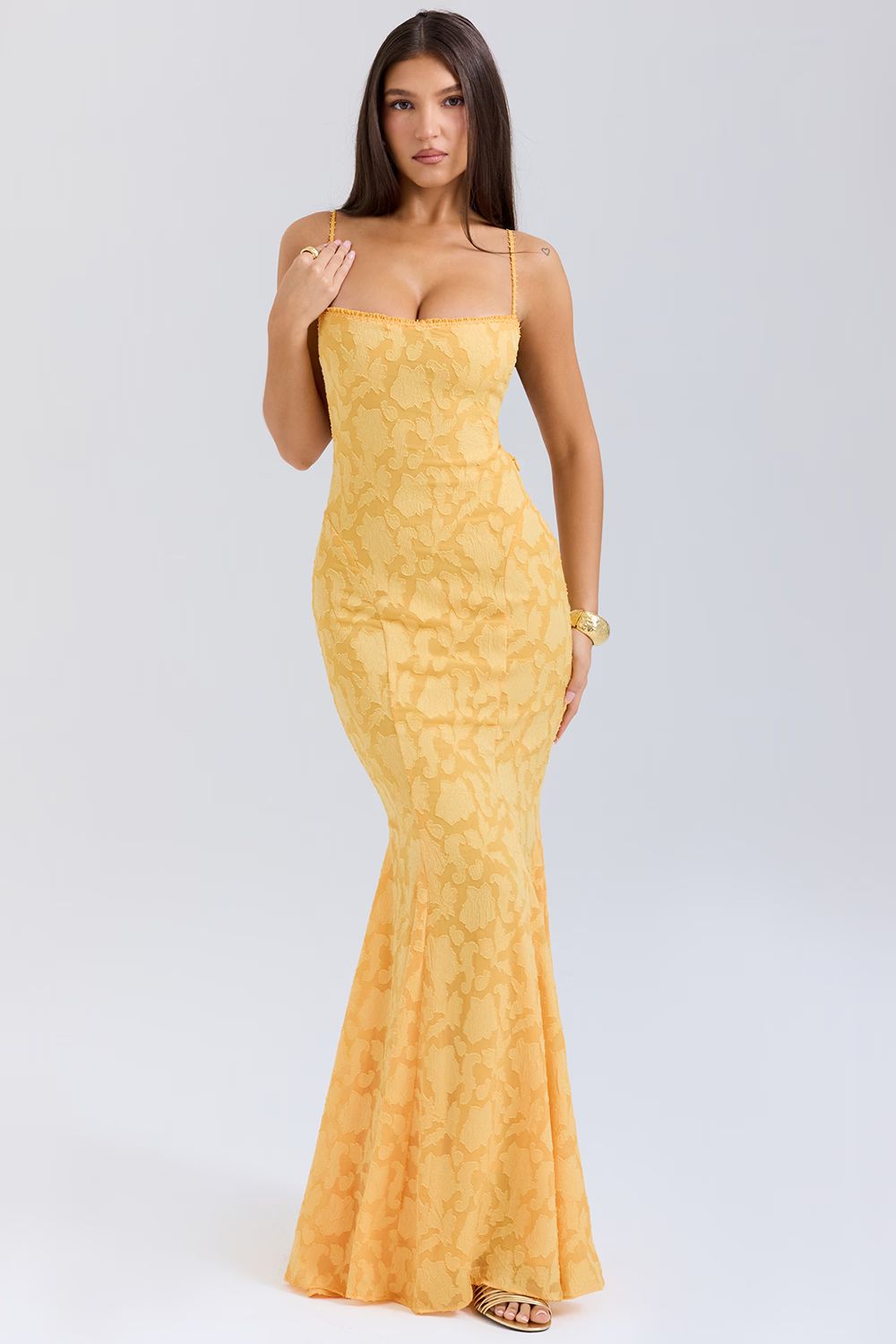 Yellow Lace Maxi Dress with Open Back and Satin Ties