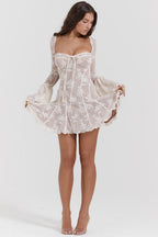 White Mini Dress with Corset Bodice and Long Sleeves
