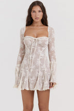 White Mini Dress with Corset Bodice and Long Sleeves